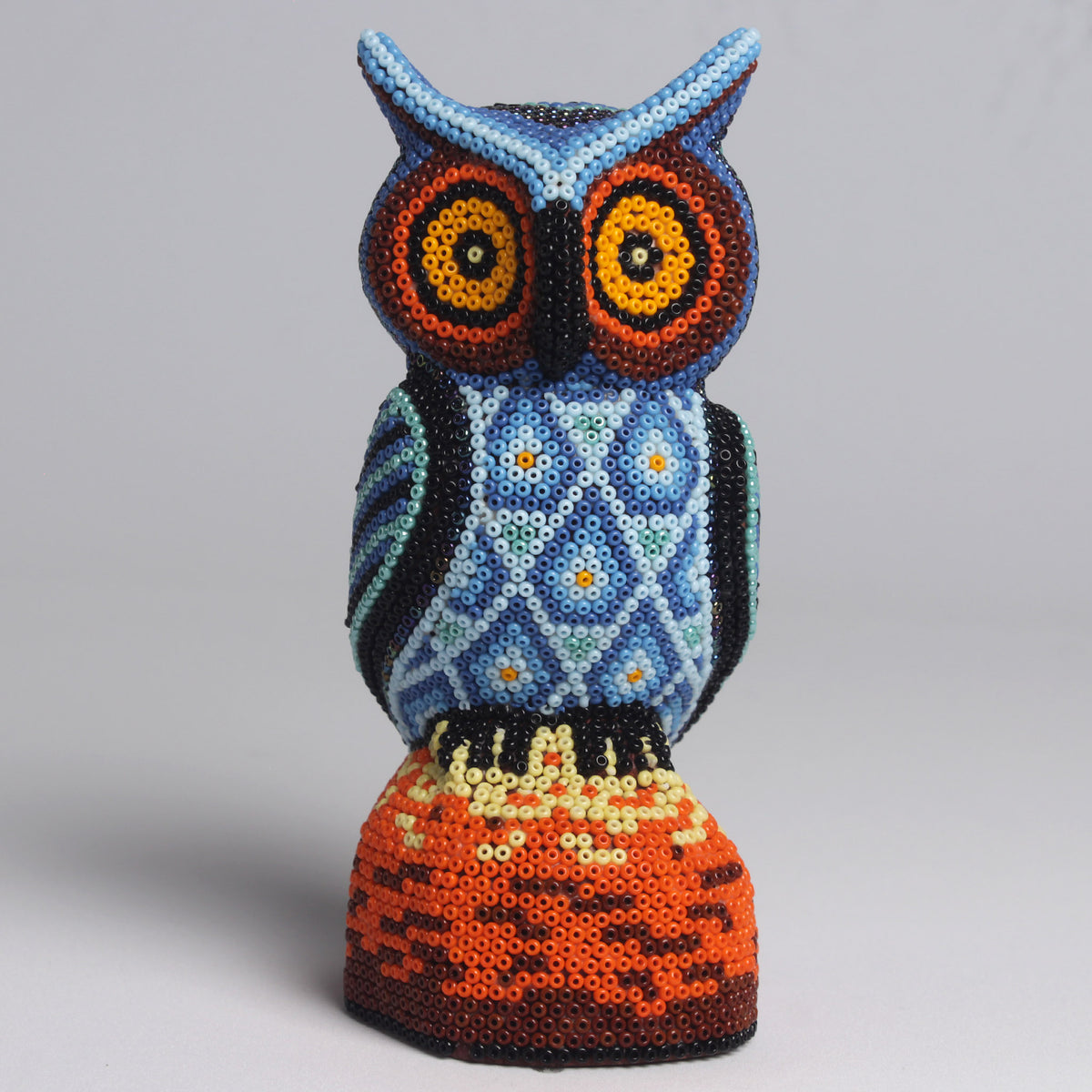 Escultura de Búho 14 cm - Azul y base Naranja