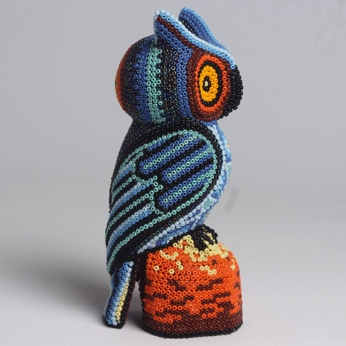 Escultura de Búho 14 cm - Azul y base Naranja